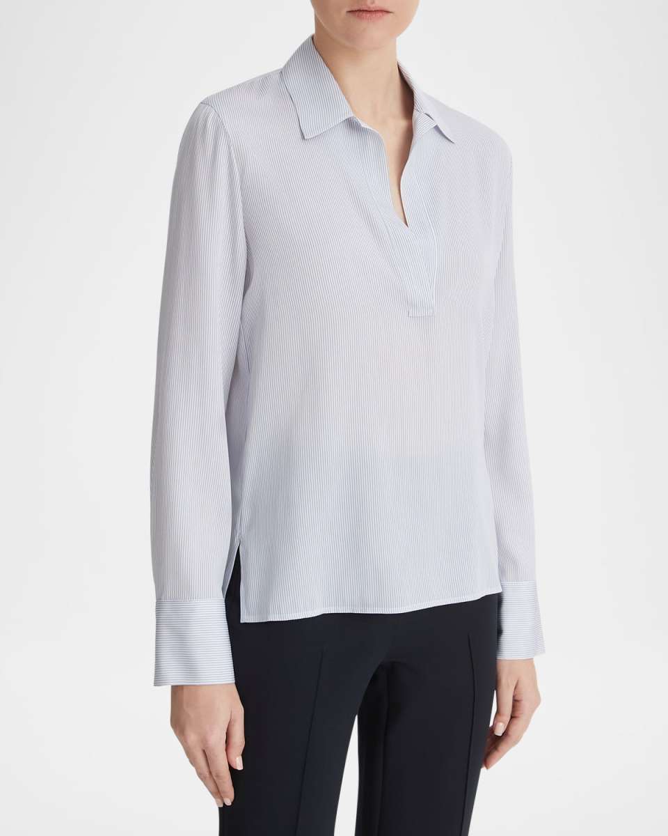 Micro Stripe Silk-Blend Pullover Blous
